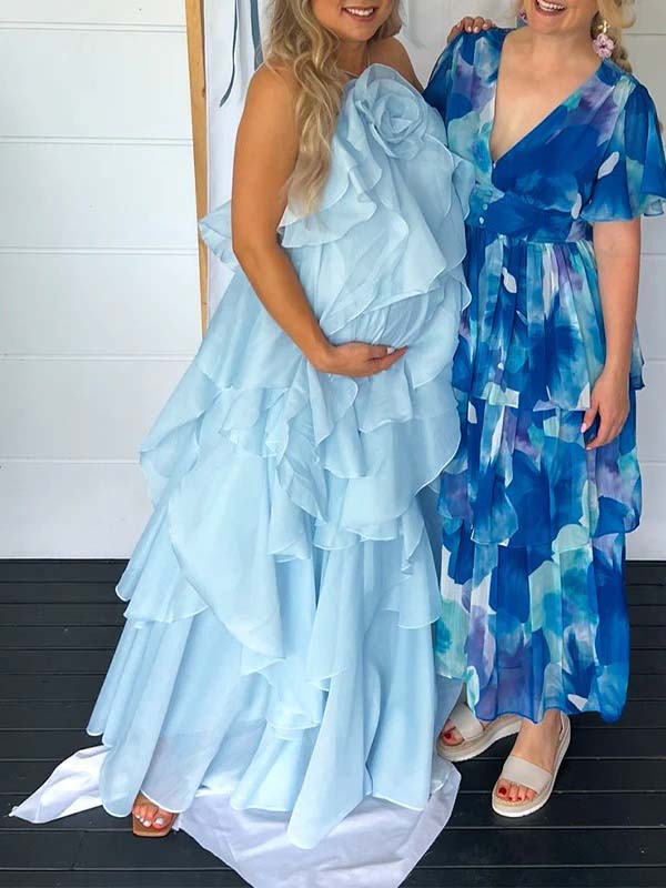 Cake Ruffle 3D Flower Backless Baby Shower Maternity Maxi Dress