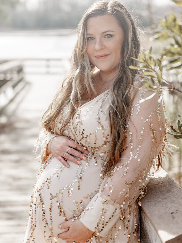 Momsmood Apricot Sequin Tassel Tulle Ruched Cross Chest Multi Way Tie Back V-neck Elegant Boho Photoshoot Maternity Maxi Dress