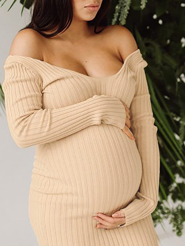 Momsmood Apricot Off Shoulder Boat Neck Elegant Long Sleeve Baby Shower Maternity Photoshoot Sweater Dress