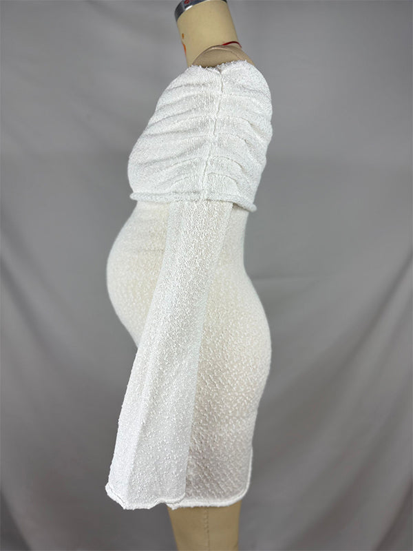 Momsmood White Solid Color Off Shoulder Knit Bodycon Beach Vacation Photoshoot Baby Shower Maternity Maxi Dres