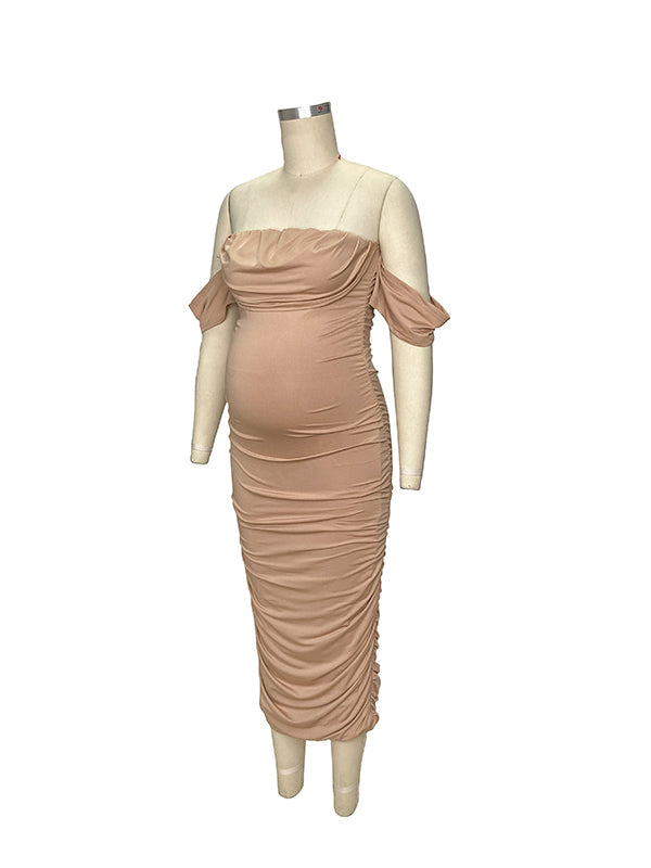 Momsmood Khaki Ruched Off Shoulder Belly Friendly Baby Shower Club Party Tube Bodycon Maternity Midi Dress