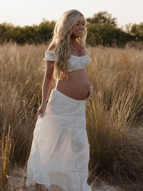 Momsmood White 2-in-1 Lace Cut Out Off Shoulder Tie Elegant Flowy Vacation Photoshoot Maternity Maxi Dress