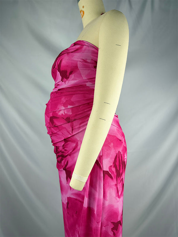 Momsmood Floral Side Slit Bandeau Tube Bodycon Baby Shower Maternity Maxi Dress