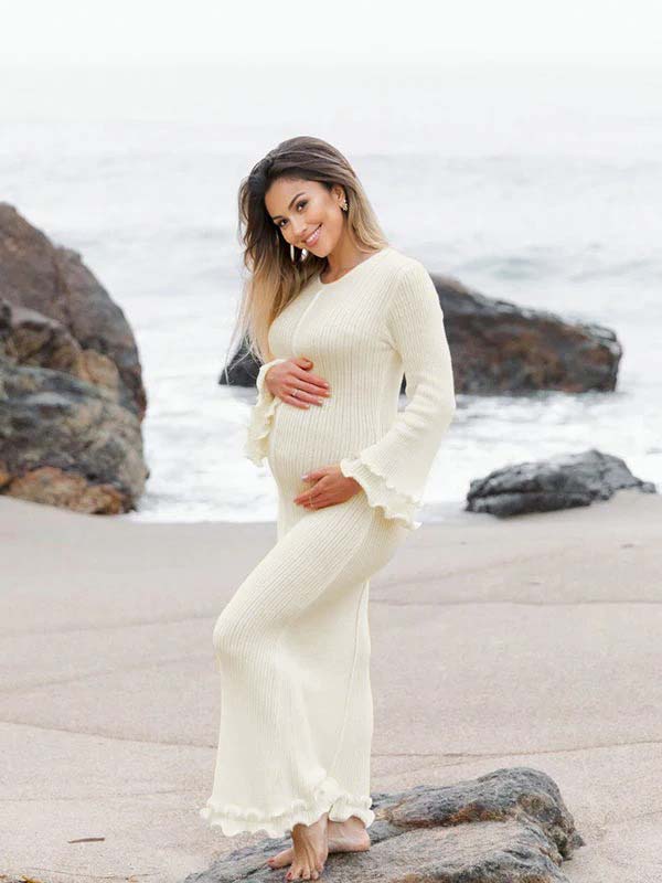 Momsmood White Knit Pleated Tie Back Ruffle Falbala Frill Hem Backless Big Swing Elegant Cocktail Party Gown Maternity Photoshoot Baby Shower Maxi Dress