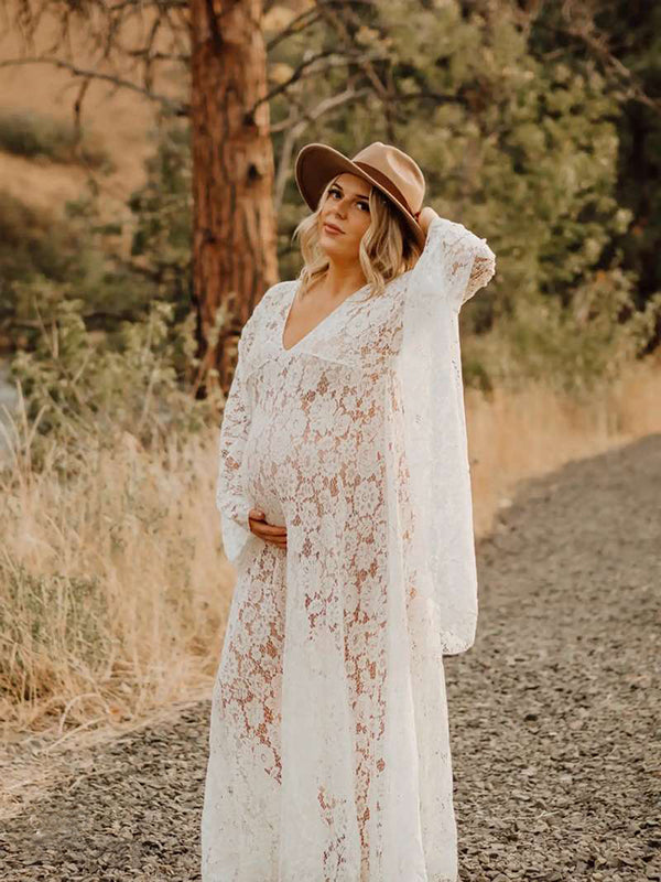 Momsmood Floral Lace Backless Boho Flare Sleeve Pregnant Maternity Photoshoot Maxi Dress