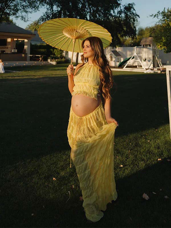 Yellow 2 Pieces Ruched Backless Ruffle Tie Photoshoot Maternity Maxi Dress