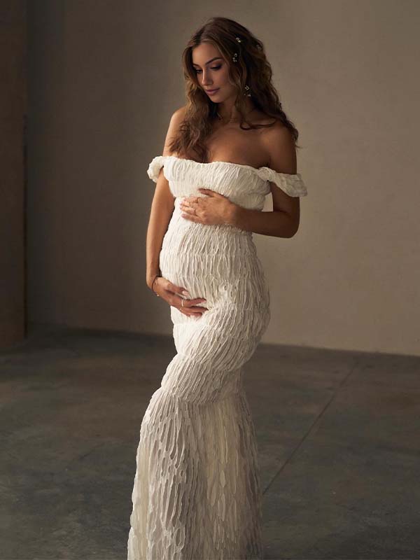 Momsmood Off Shoulder Smocked Ruched Photoshoot Maternity Maxi Dress