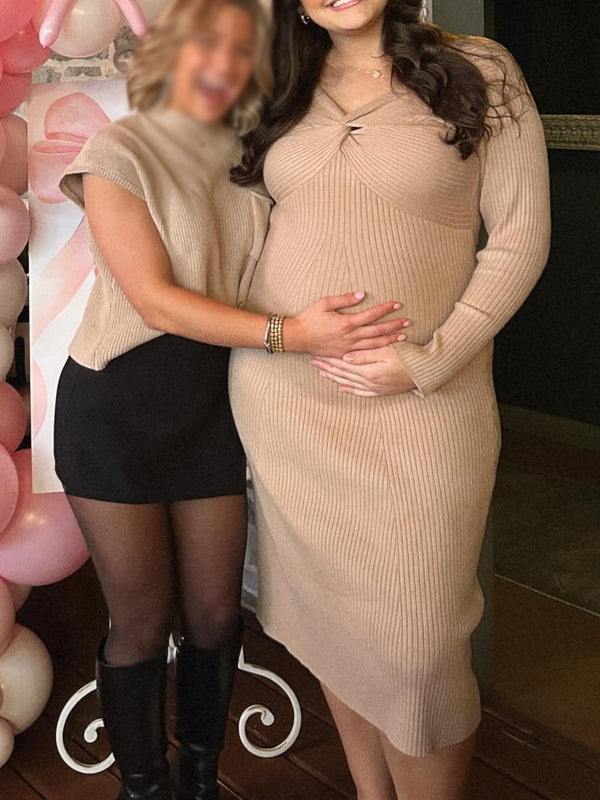 Momsmood Khaki Knot Crochet Maternity Sweater Baby Shower Maxi Dress