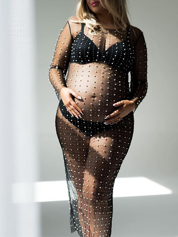 Momsmood Mesh Solid Color Beading Pearl Rhinestone Long Sleeve Cover-ups Side Slit Photoshoot Maternity Maxi Dress