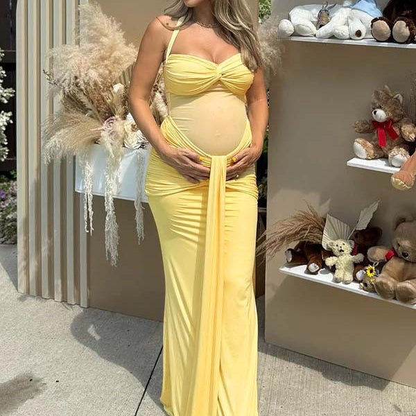 Momsmood Mesh Ruched Draped Halter Neck Backless Maternity Maxi Dress