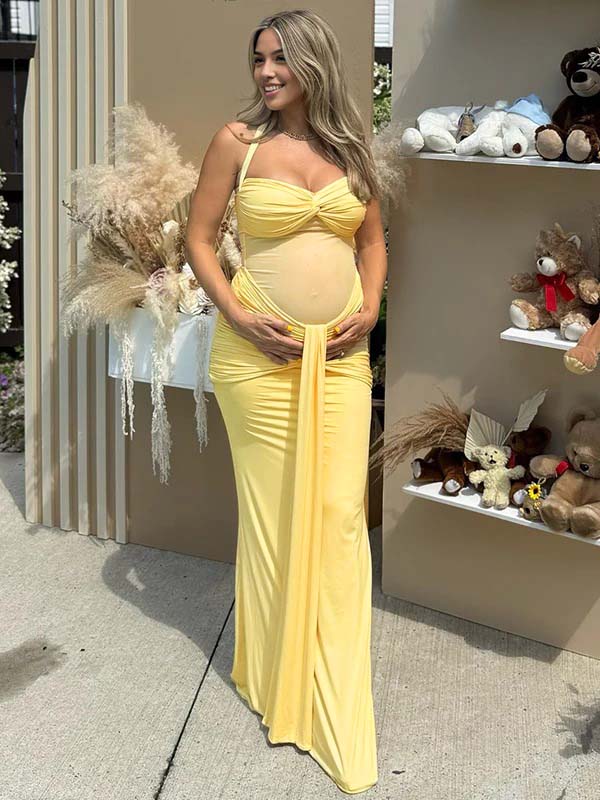 Momsmood Mesh Ruched Draped Halter Neck Backless Maternity Maxi Dress