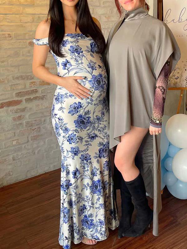 Blue Floral Off Shoulder Mermaid Maternity Baby Shower Maxi Dress