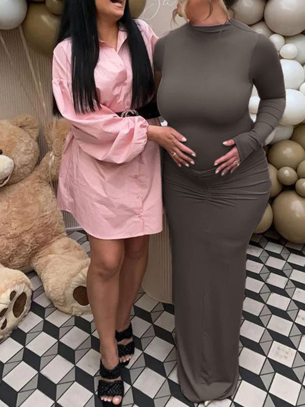 Momsmood Solid Color Ruched High Neck Long Sleeve Bodycon Basic Going Out Elegant Maternity Baby Shower Maxi Dress