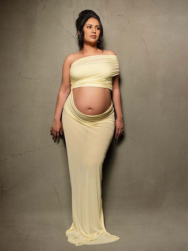 Momsmood 2-in-1 One Shoulder Side Slit Grenadine Sheer Photoshoot Maternity Maxi Dress