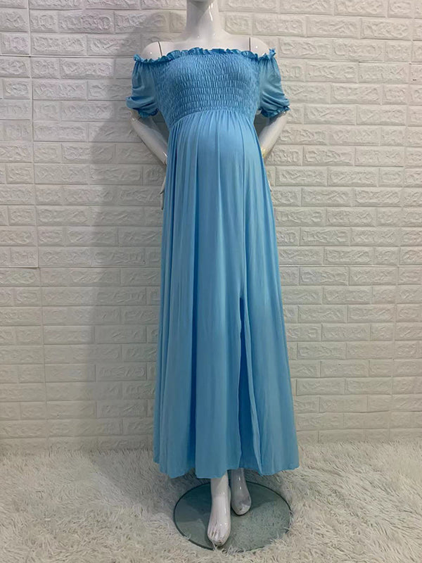 Off Shoulder Smoked High Waisted Maternity Baby Shower Maxi Dress