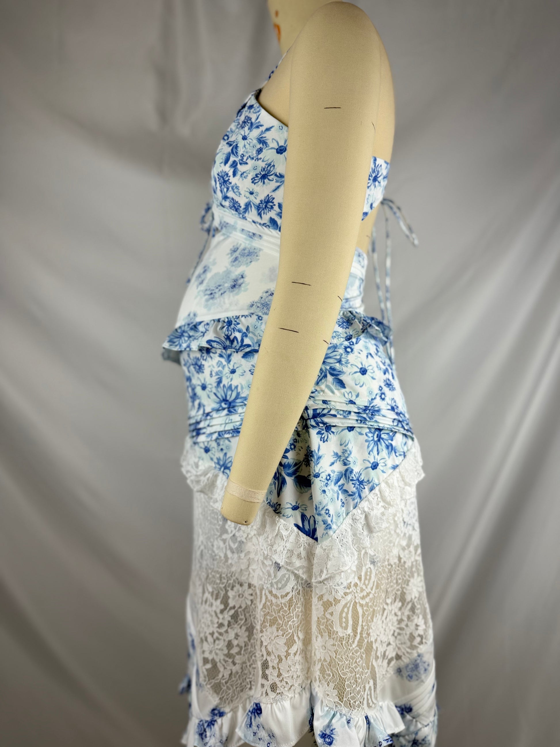 Blue Spaghetti Strap Strap Stamp Lace Falbala Maternity Baby Shower Maxi Dress