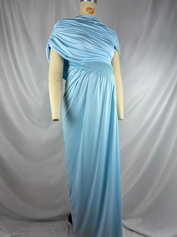 Light Blue Ruched Irregular Neck Baby Shower Maternity Maxi Dress