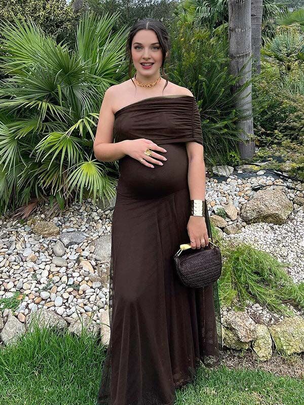 Momsmood Chic Mesh Off Shoulder Draped Cocktail Maternity Maxi Dress