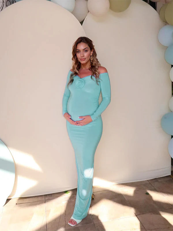Momsmood 3D Flower Shoulder Flare Sleeve Mermaid Bodycon Elegant Gender Reveal Baby Shower Maternity Maxi Dress