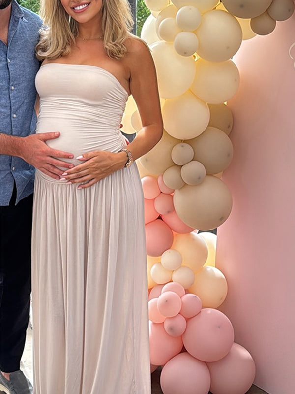 Apricot Bandeau Ruched Flowy Baby Shower Maternity Maxi Dress