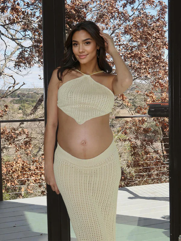 Momsmood Beige 2 Piece Halter Neck Crochet Fashion Beach Vacation Bodycon Maternity Maxi Dress