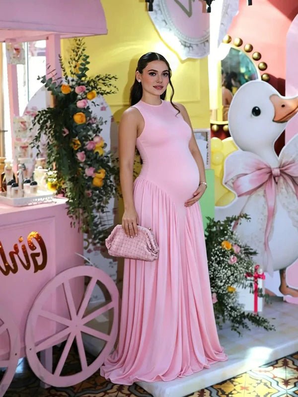 Round Neck Ruched Draped Curved drop waist Bodycon Maternity Maxi Dress