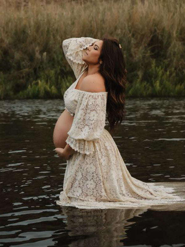 Momsmood Boho Lace Off Shoulder Lace Tassel Crop 2-in-1 Side Slit Ruffle Photoshoot Maternity Maxi Dress