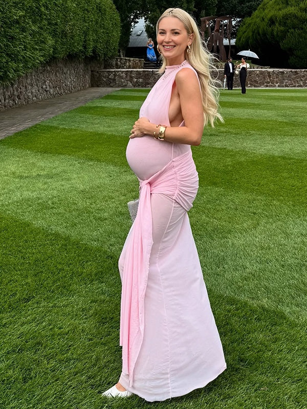 Momsmood Pink Lace-up Pennant Grenadine Banquet Party Baby Shower Maternity Photoshoot Maxi Dress