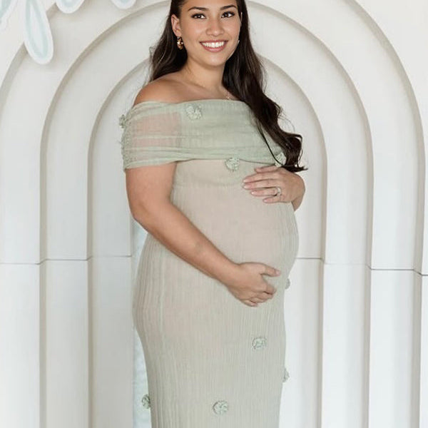 Momsmood Matcha 3D Flowers Off Shoulder Plus Size Baby Shower Maternity Maxi Dress