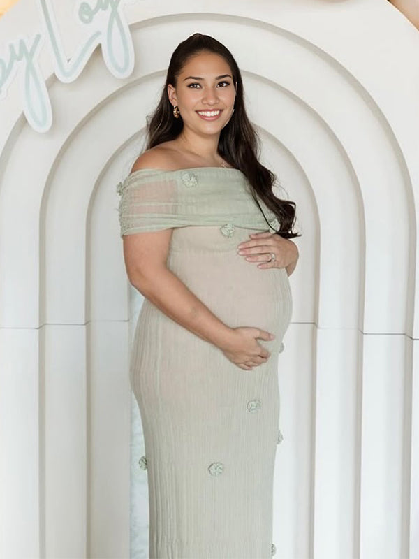 Momsmood Matcha 3D Flowers Off Shoulder Plus Size Baby Shower Maternity Maxi Dress