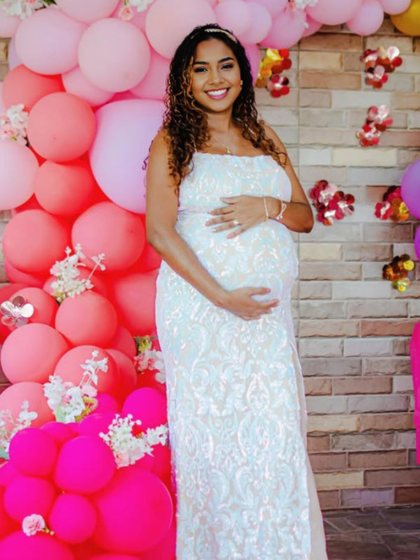 White Spaghetti Strap Sequin Side Slit Maternity Baby Shower Maxi Dress