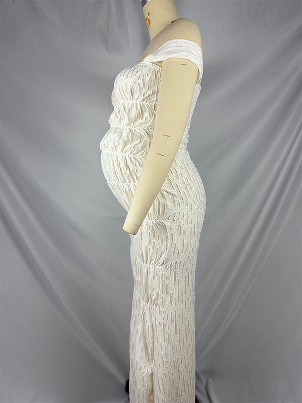 Momsmood Off Shoulder Smocked Ruched Photoshoot Maternity Maxi Dress