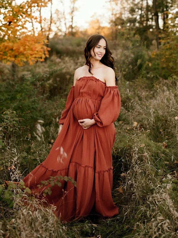 Momsmood Orange Off Shoulder Side Slit Ruffle Photoshoot Maternity Maxi Dress