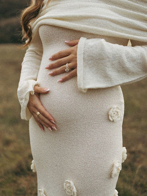 Momsmood White Off Shoulder 3D Flowers Knitting Sweater Photoshoot Maternity Maxi Dress