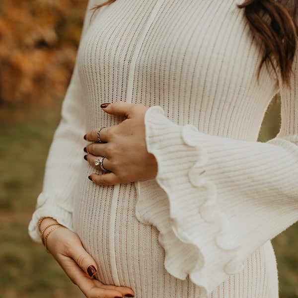 Momsmood White Knit Pleated Tie Back Ruffle Falbala Frill Hem Backless Big Swing Elegant Cocktail Party Gown Maternity Photoshoot Baby Shower Maxi Dress