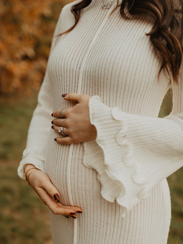 Momsmood White Knit Pleated Tie Back Ruffle Falbala Frill Hem Backless Big Swing Elegant Cocktail Party Gown Maternity Photoshoot Baby Shower Maxi Dress