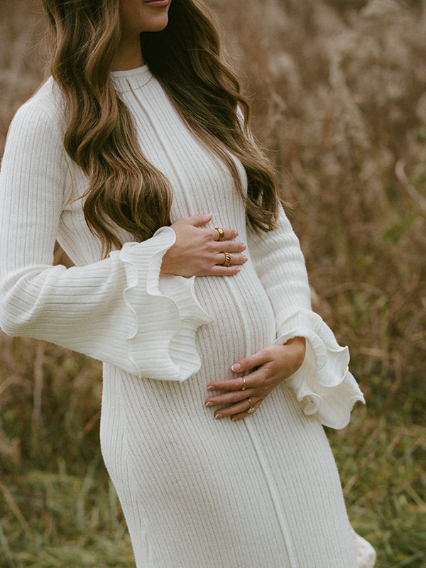 Momsmood White Knit Pleated Tie Back Ruffle Falbala Frill Hem Backless Big Swing Elegant Cocktail Party Gown Maternity Photoshoot Baby Shower Maxi Dress