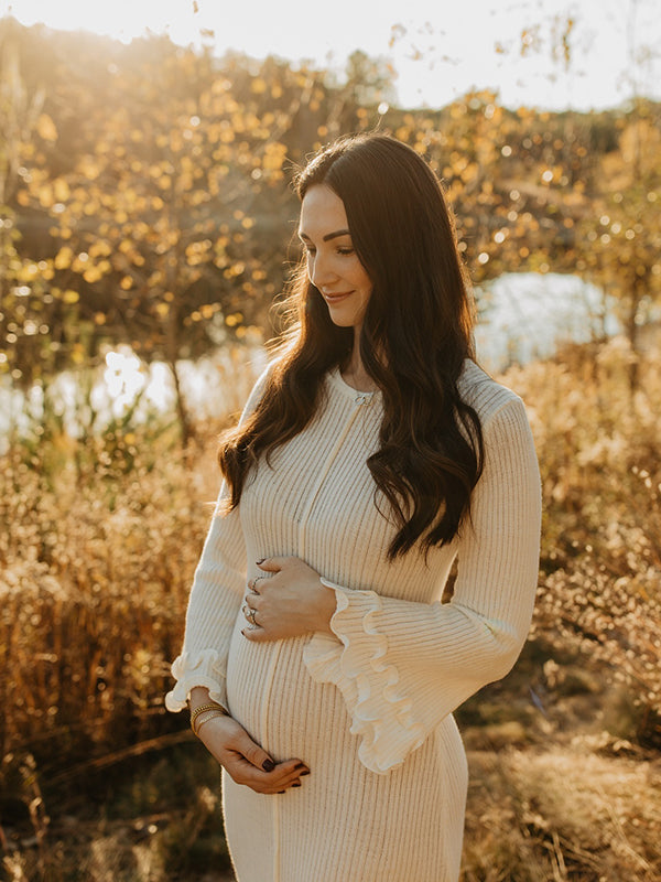 Momsmood White Knit Pleated Tie Back Ruffle Falbala Frill Hem Backless Big Swing Elegant Cocktail Party Gown Maternity Photoshoot Baby Shower Maxi Dress