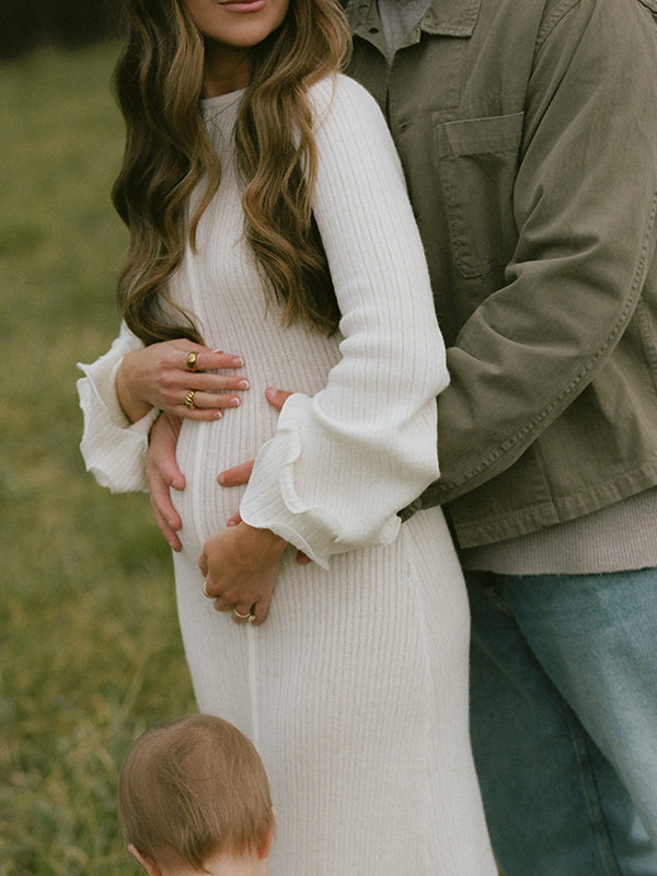 Momsmood White Knit Pleated Tie Back Ruffle Falbala Frill Hem Backless Big Swing Elegant Cocktail Party Gown Maternity Photoshoot Baby Shower Maxi Dress