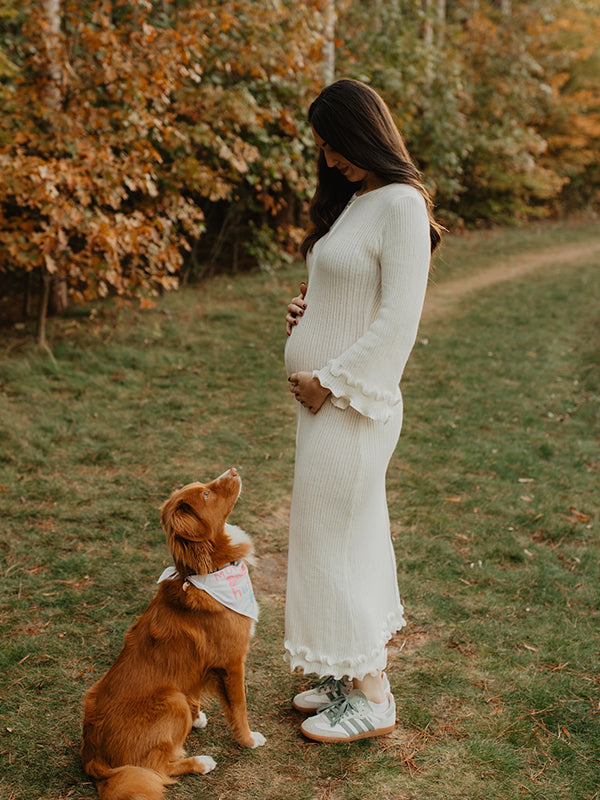 Momsmood White Knit Pleated Tie Back Ruffle Falbala Frill Hem Backless Big Swing Elegant Cocktail Party Gown Maternity Photoshoot Baby Shower Maxi Dress