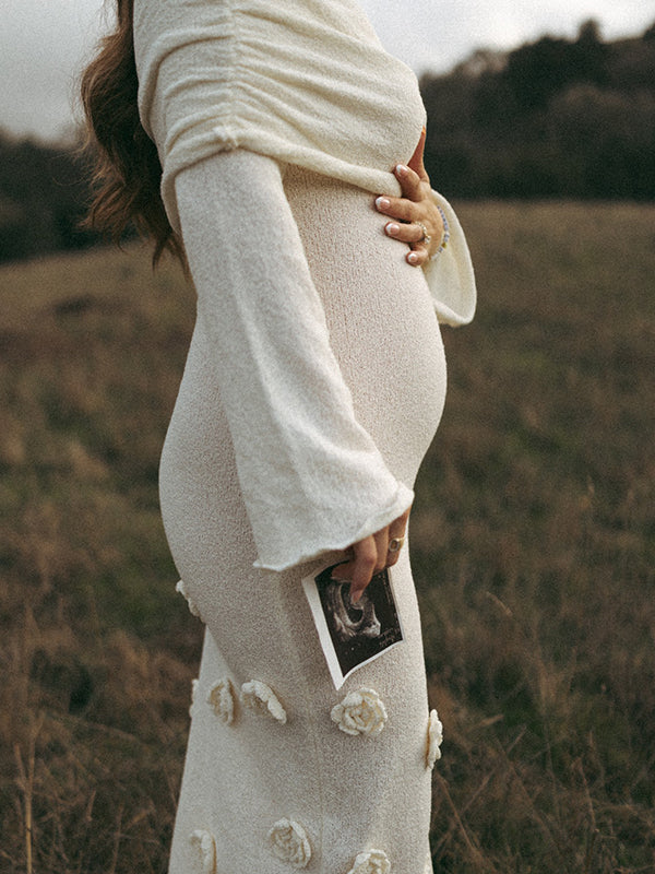 Momsmood White Off Shoulder 3D Flowers Knitting Sweater Photoshoot Maternity Maxi Dress
