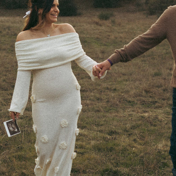 Momsmood White Off Shoulder 3D Flowers Knitting Sweater Photoshoot Maternity Maxi Dress