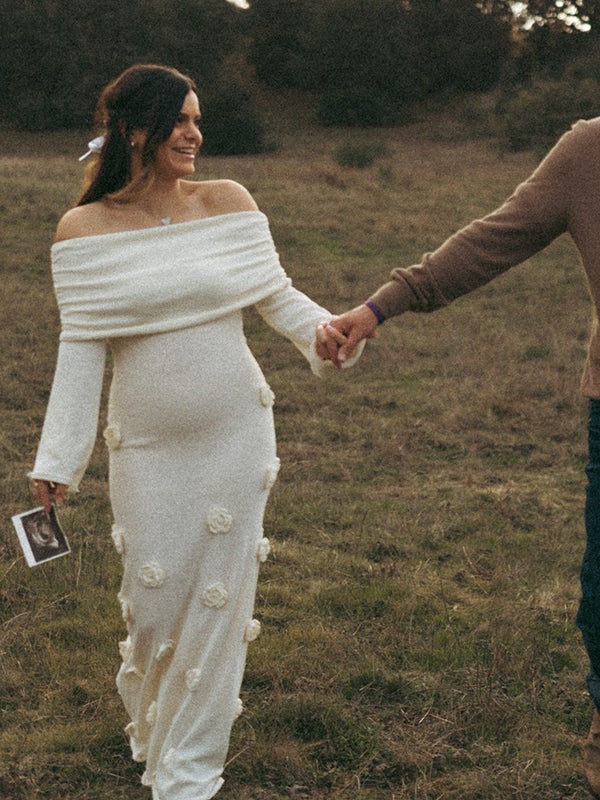 Momsmood White Off Shoulder 3D Flowers Knitting Sweater Photoshoot Maternity Maxi Dress