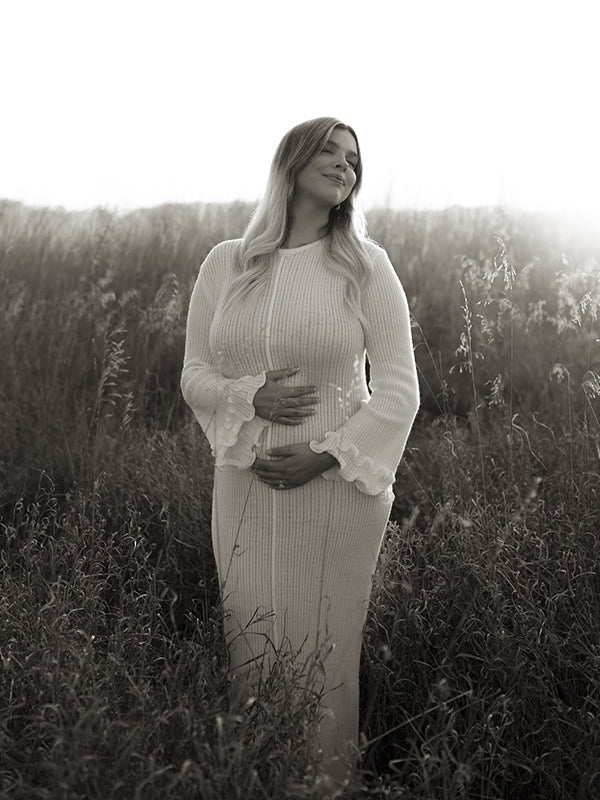 Momsmood White Knit Pleated Tie Back Ruffle Falbala Frill Hem Backless Big Swing Elegant Cocktail Party Gown Maternity Photoshoot Baby Shower Maxi Dress