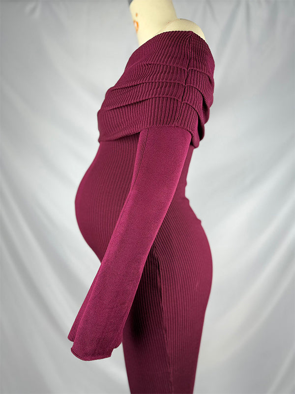 Momsmood Maroon Off Shoulder Solid Color Flare Sleeve Bodycon Elegant Photoshoot Baby Shower Maternity Maxi Dress