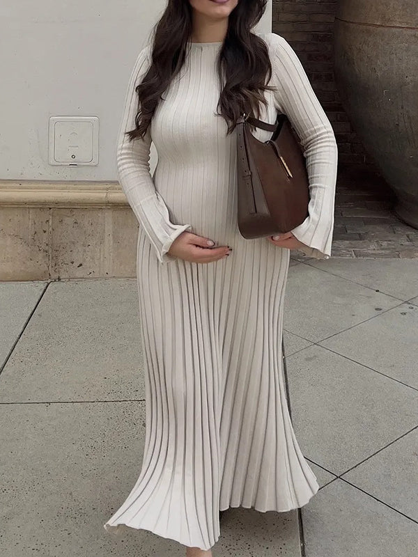 Momsmood Solid Color Sashes Knit Lace-up High Waist Going Out Photoshoot Maternity Sweater Maxi Dress