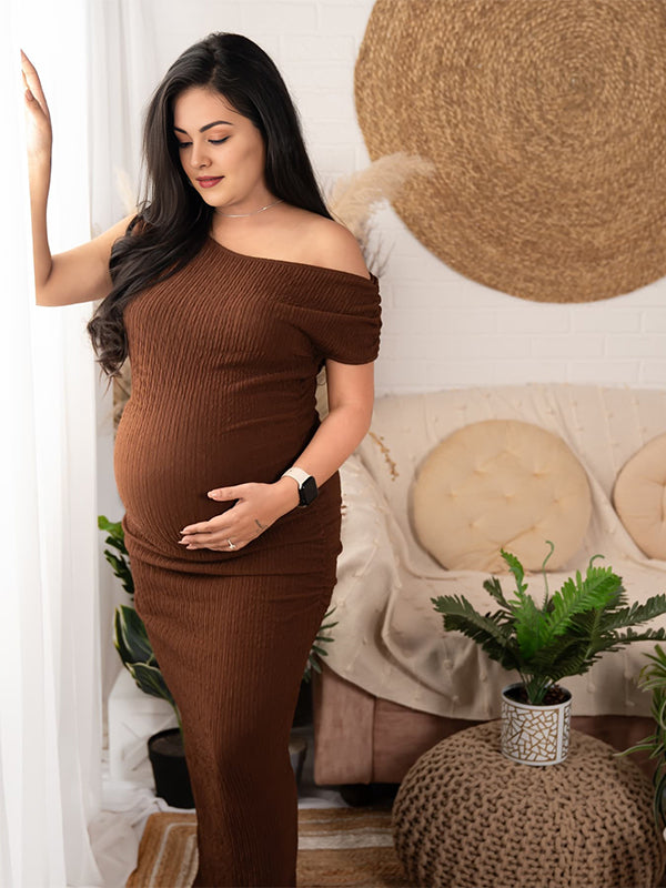 Momsmood Dark Brown One Shoulder Smocked Bodycon Elegant Photoshoot Baby Shower Maternity Maxi Dress