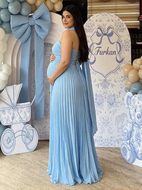 Strapless Ruched Belted Lace-Up Back Sleeveless Maternity Maxi Dress