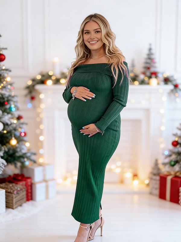 Momsmood Christmas Off Shoulder Backless Crochet Maternity Sweater Baby Shower Maxi Dress