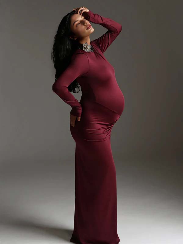Momsmood Wine Red Ruched Photoshoot Maternity Maxi Dress